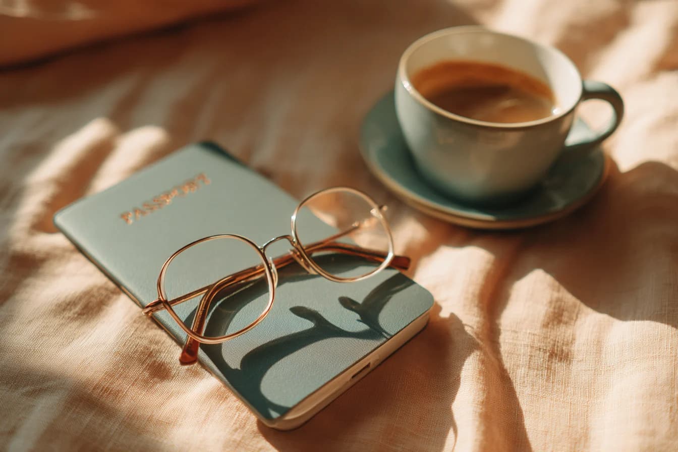 A passport and a pair of reading glasses on a linen tablecloth in morning light, beside a cup of coffee.