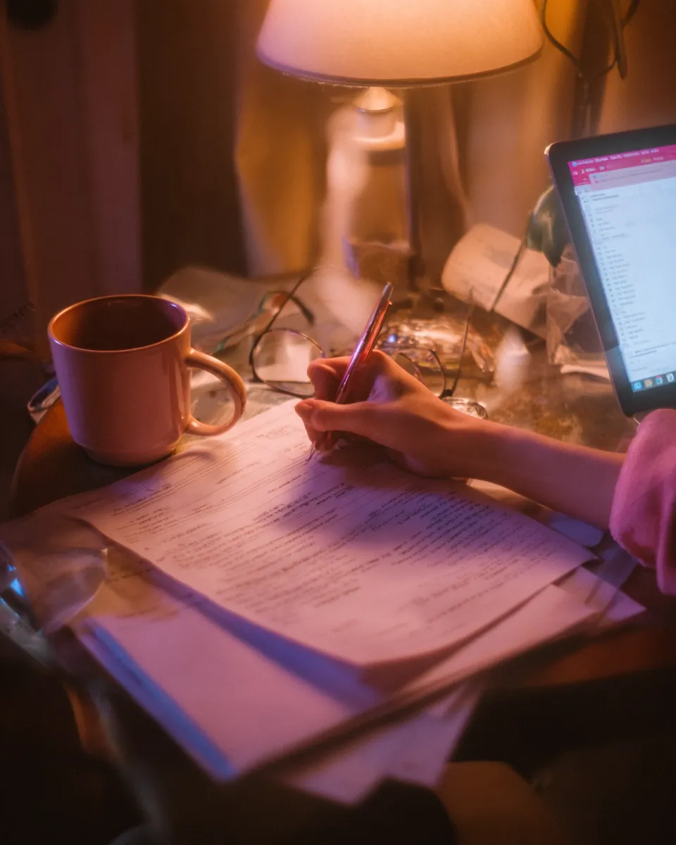 Over the shoulder at a dining table in the evening: a hand making notes on a printed page, reading glasses, a mug and an open laptop under a lamp.