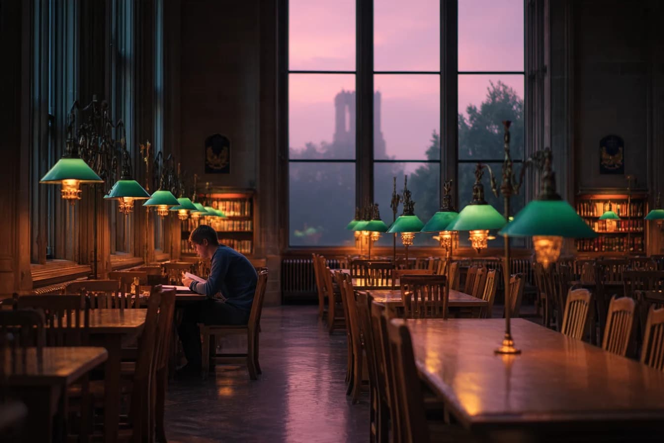 An old university library reading room at dusk, green lamps lit, one student reading at a far table.