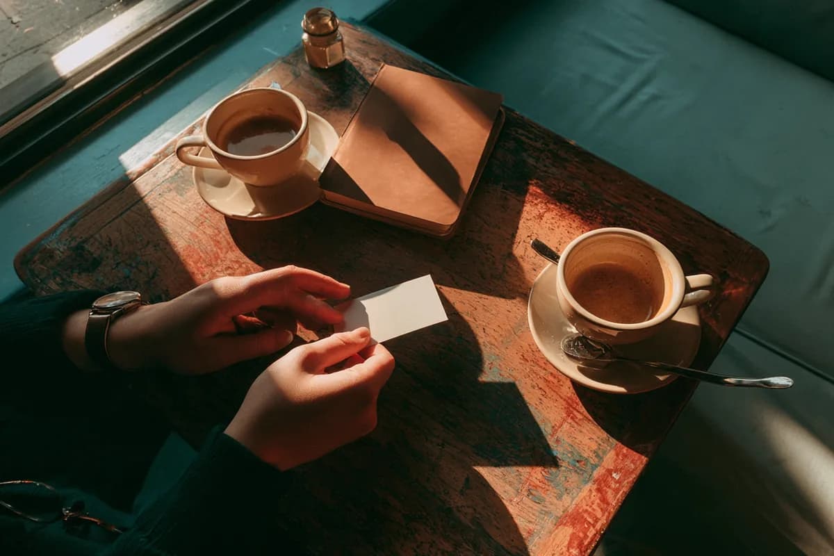 Across a cafe table, a hand passes a plain card to another