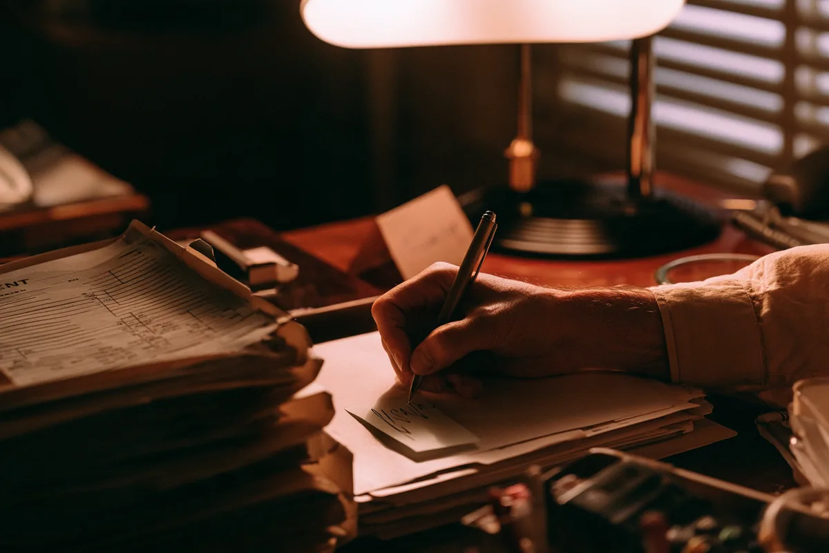 An accountant at a desk lamp, writing a client's name on a note card