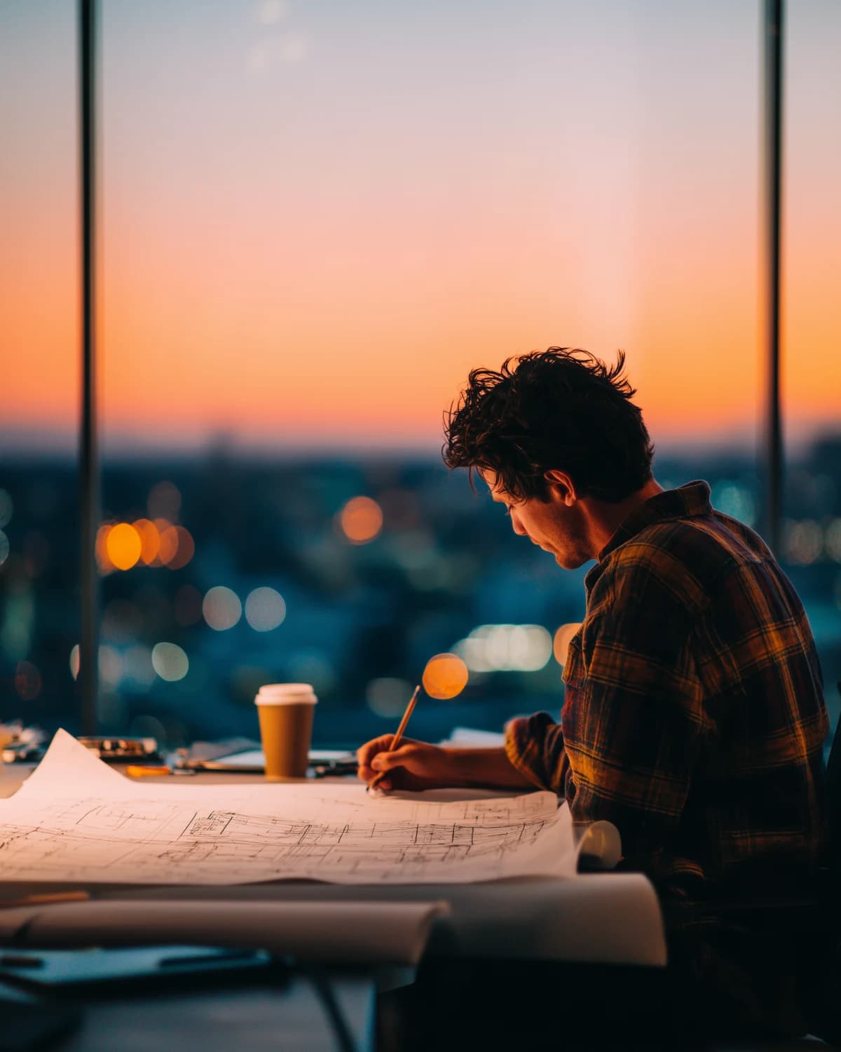 A founder alone in a glass meeting room at dusk, sketching a diagram in pencil on a large sheet of paper beside a cold coffee.