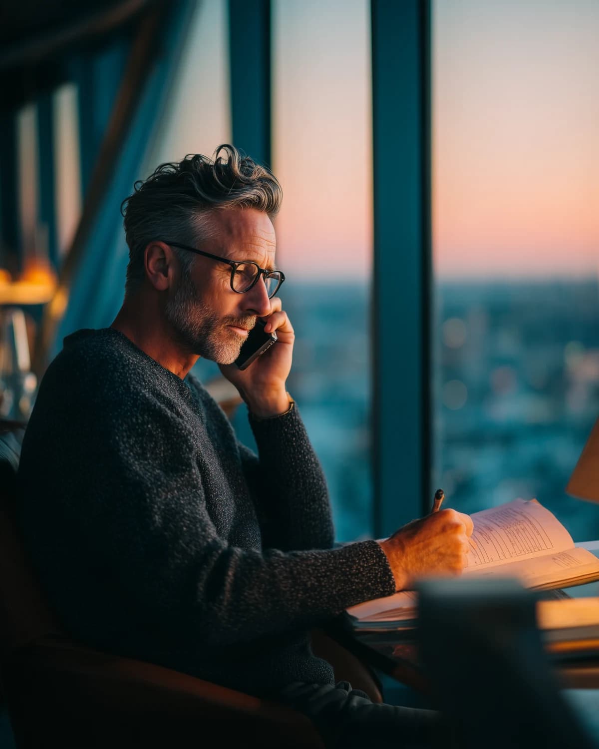A fund manager in a quiet corner office in the late afternoon, on the phone, writing a short list of names in a notebook.