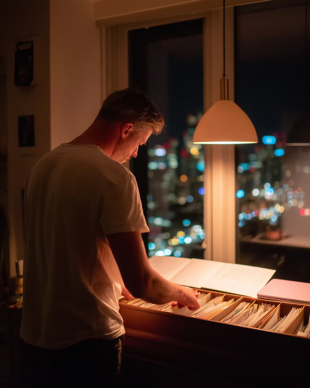 A founder at his kitchen table late at night, one hand in an open box of labeled document folders, under a single pendant lamp.
