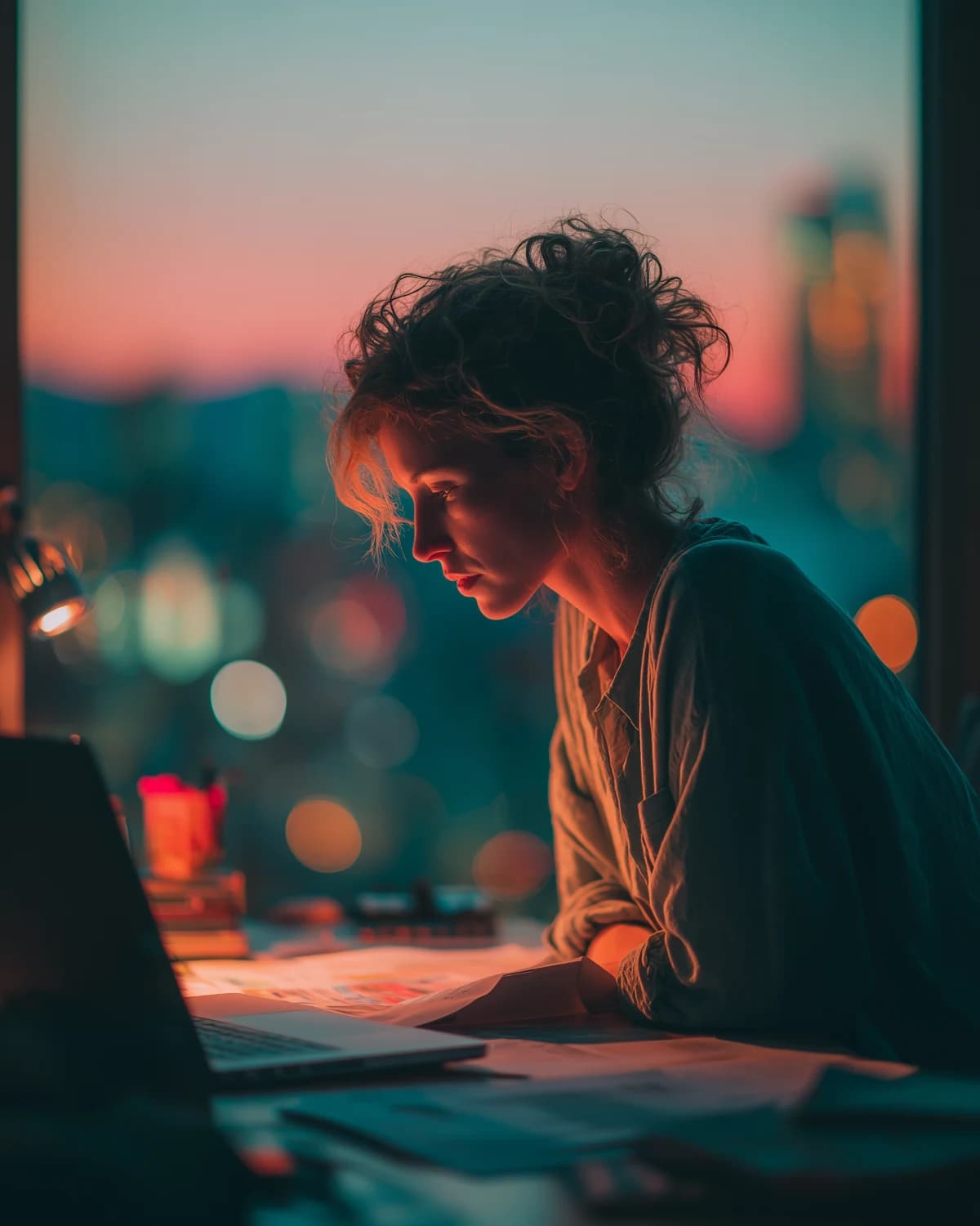 A founder at her desk at night, reading two printed term sheets side by side.