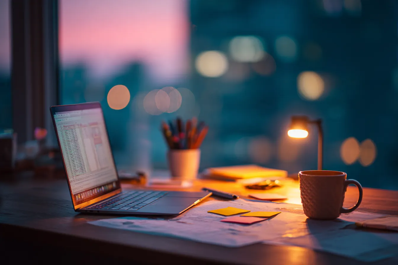 A kitchen table late at night with a laptop open to a spreadsheet, printed financials with sticky notes, and a mug beside a lamp.