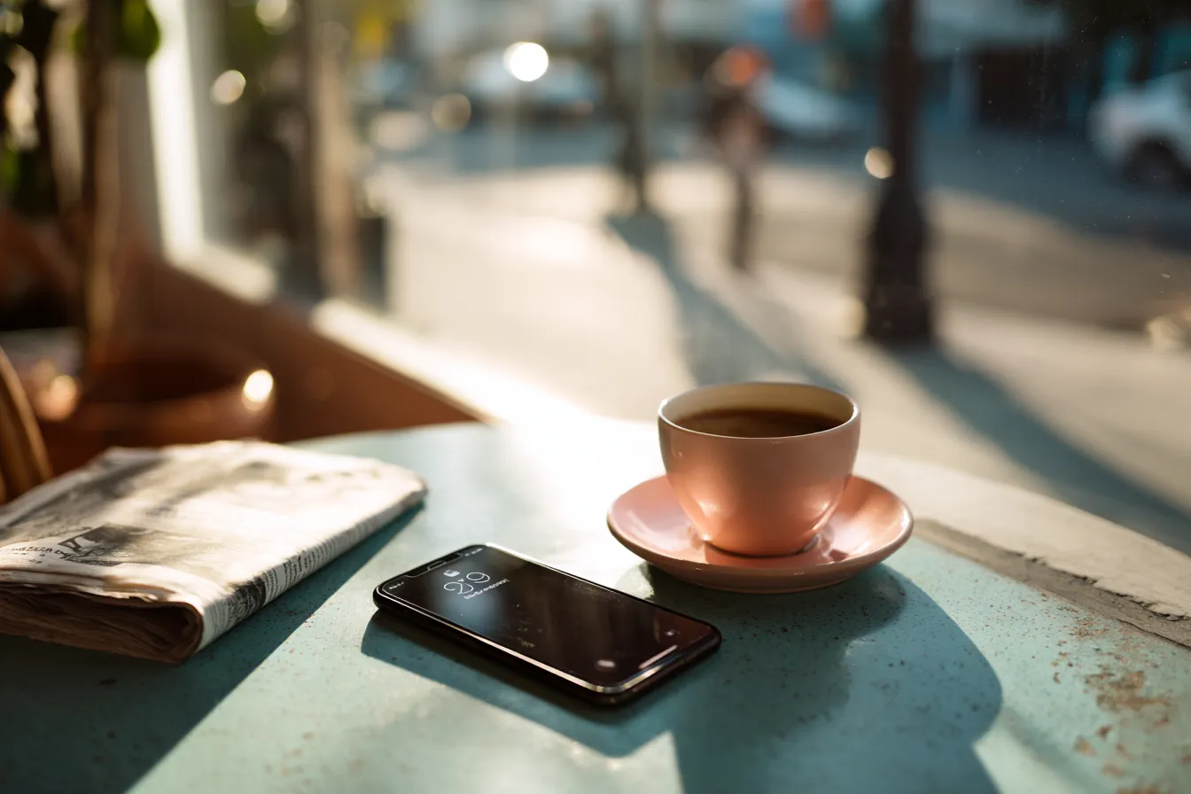 A phone lit with a new notification on a cafe table in the morning sun, beside a cup of coffee and the newspaper.