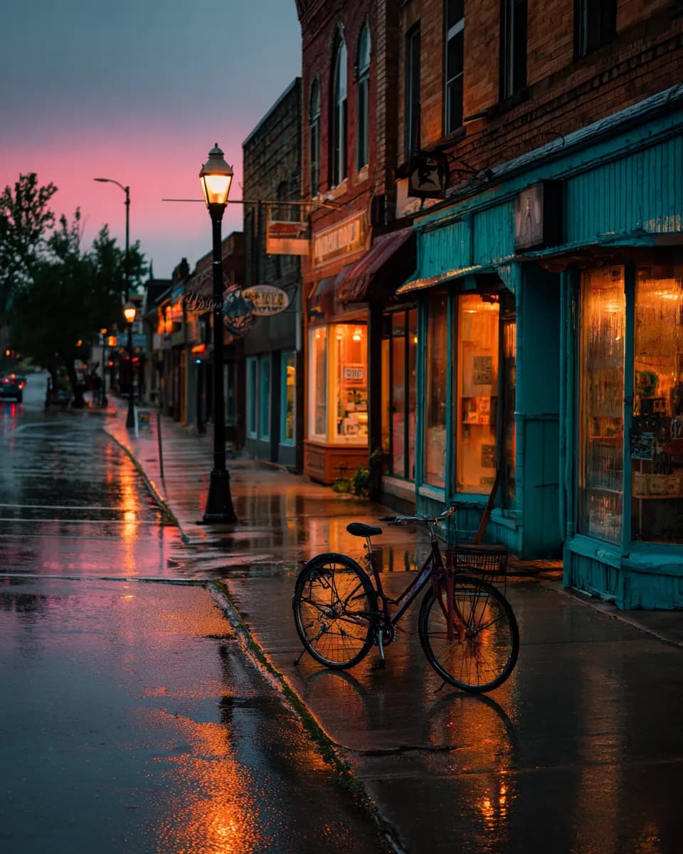 A small-town main street after rain, the shop windows lit at blue hour and a bicycle leaning on a lamppost.