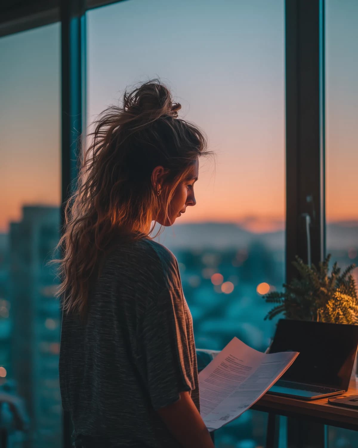 A founder at a standing desk in a loft office at dusk, reading a stapled document, the city at blue hour behind the glass.