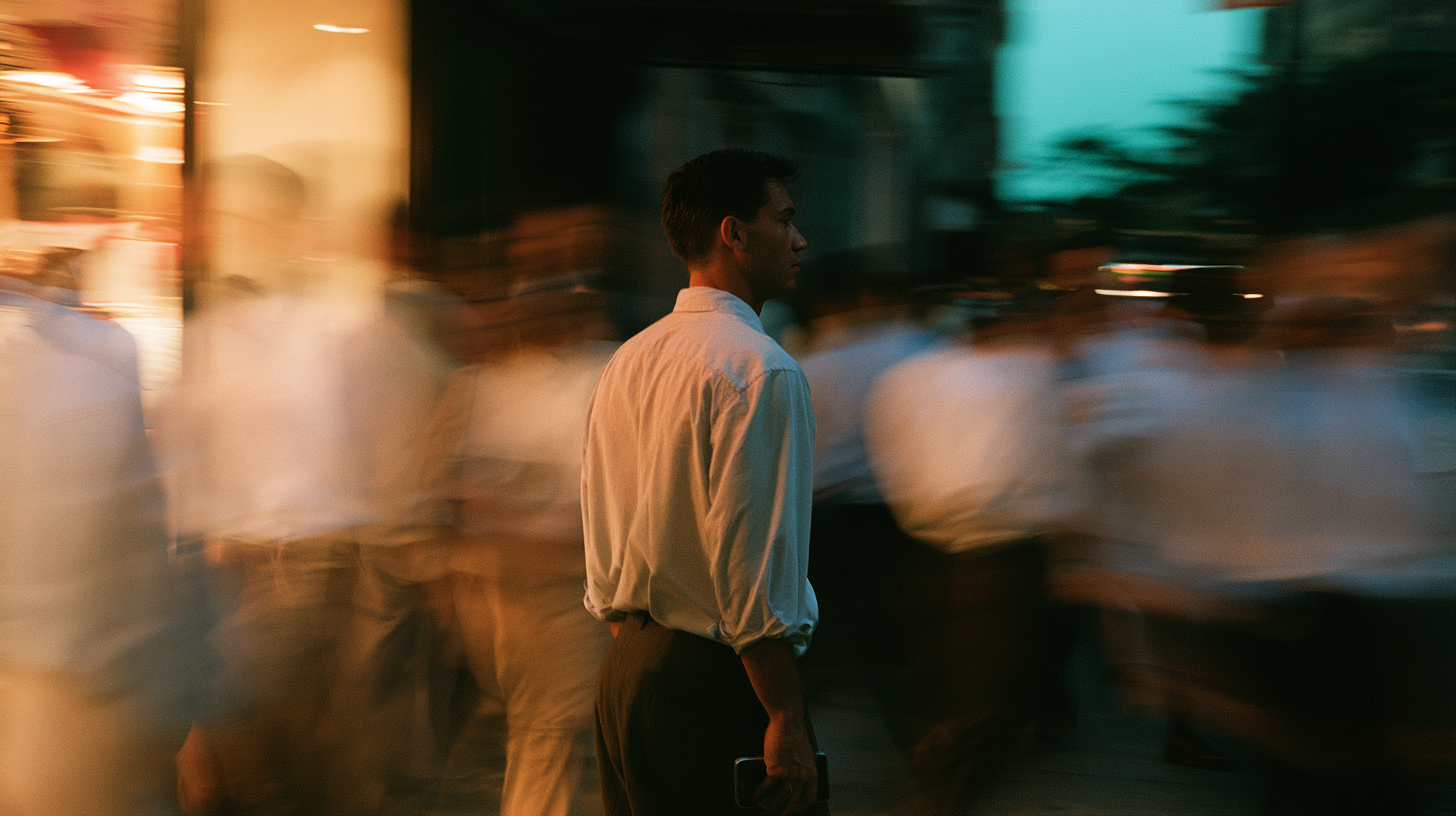 A founder standing still on a city sidewalk at dusk as commuters stream past