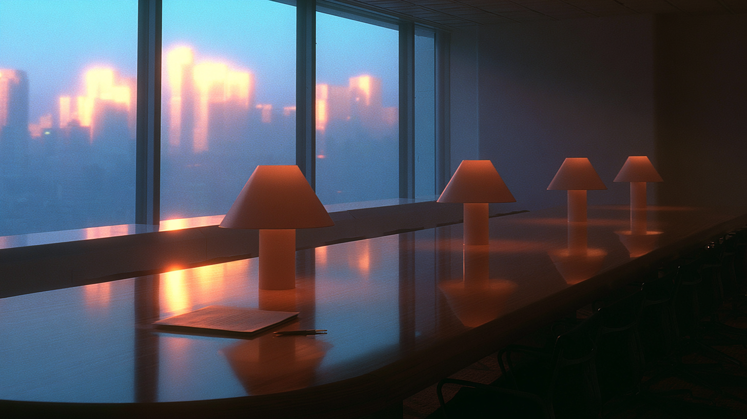 A single chair at the head of a long, empty boardroom table at dusk