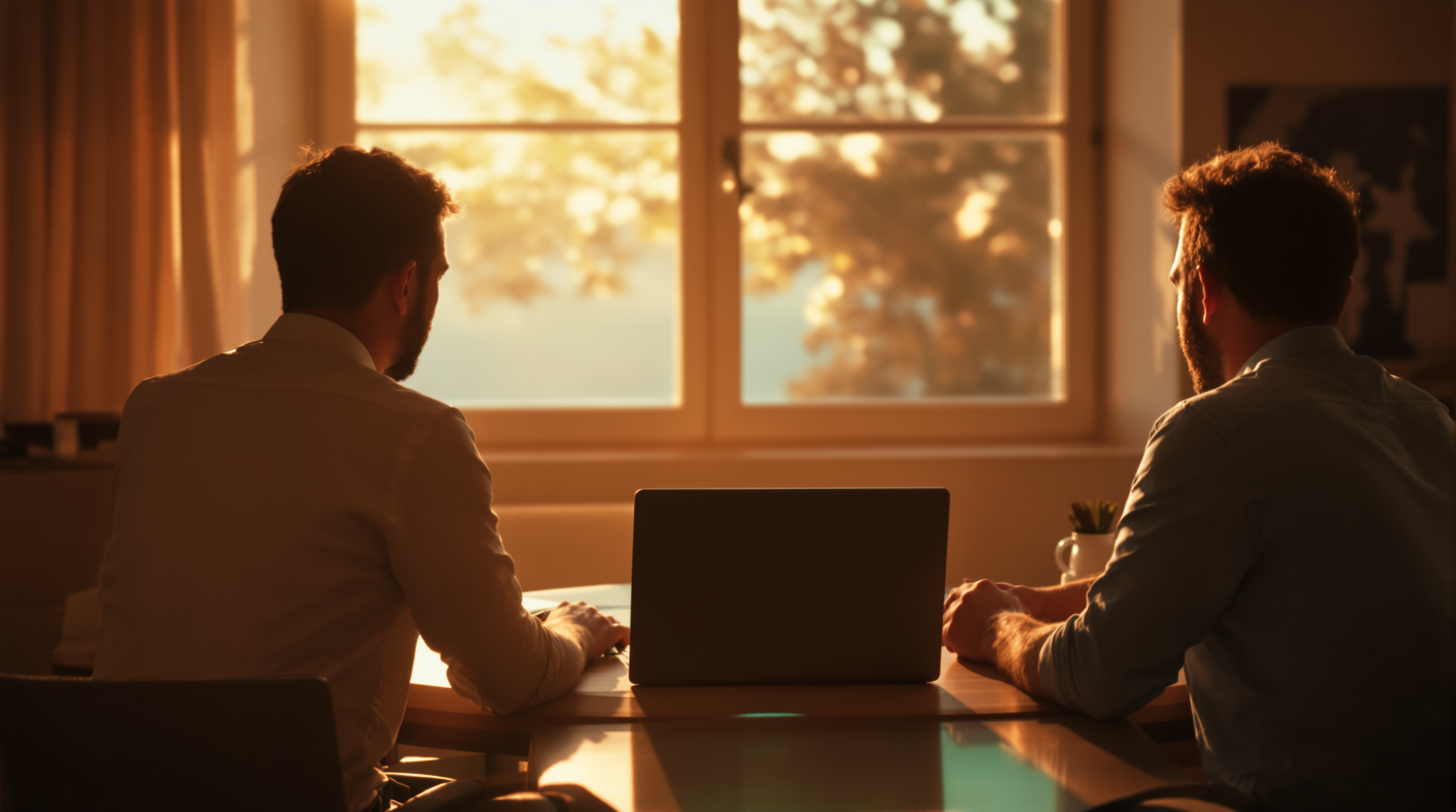 A founder and an investor reviewing a single laptop screen together in warm afternoon light