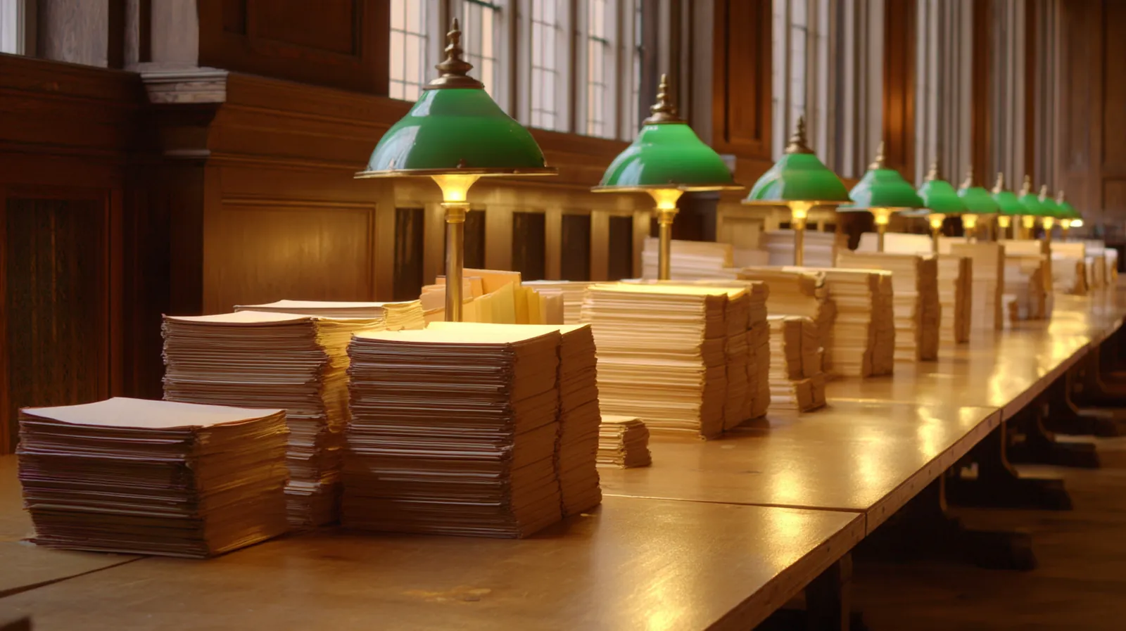 A long library reading table under a row of green banker's lamps, lined with neat stacks of plain folders and papers in warm afternoon light.