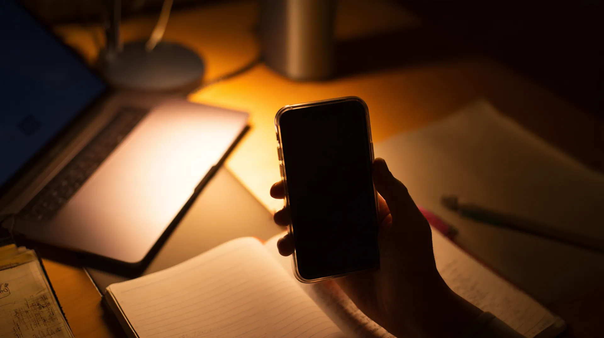 A desk late at night under a lamp: a hand holds a phone beside an open laptop and a notebook, the lower half of the frame falling into shadow.