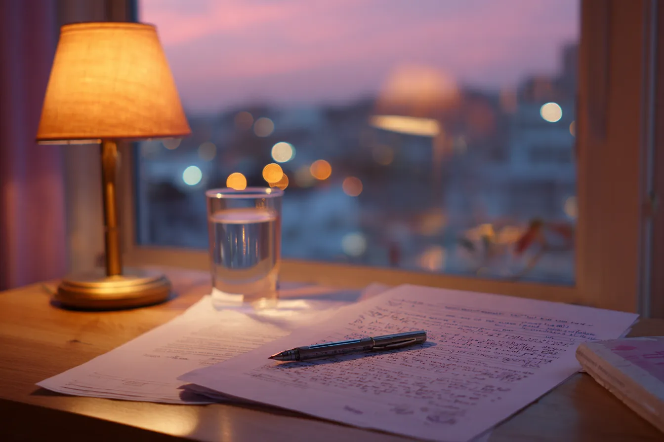 A printed term sheet on a desk at dusk, pencil notes in the margins, a desk lamp on and the city lights beyond the window.