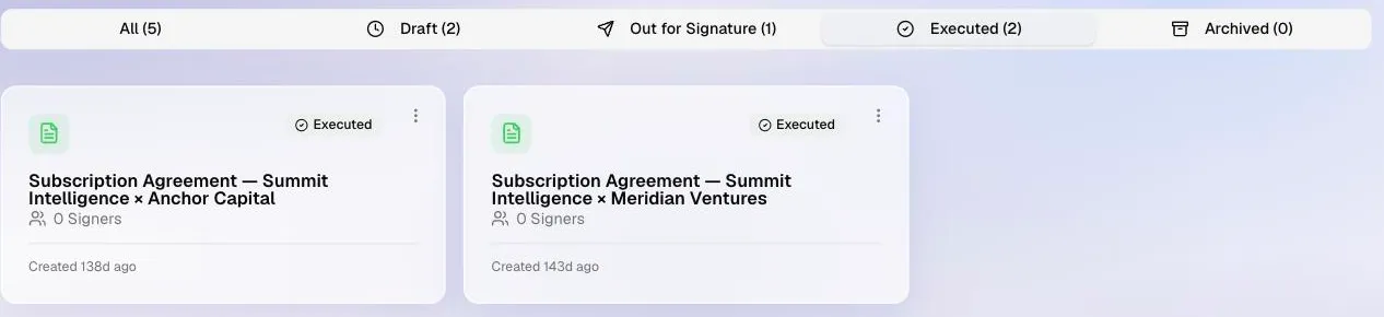 The Deal Box documents hub filtered to Executed, showing two signed subscription agreements. Shown on the Summit Intelligence demo account.