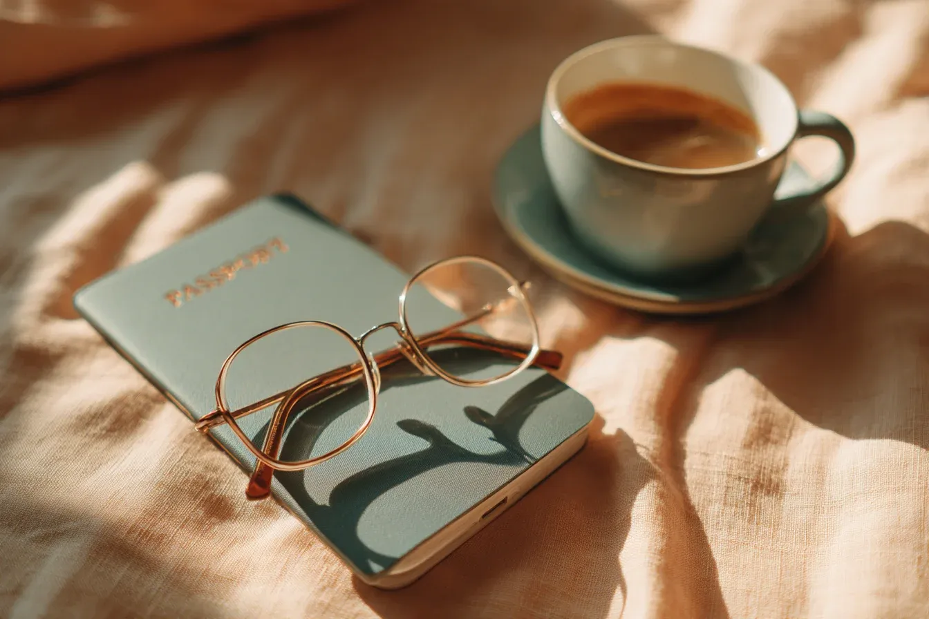 A passport and a pair of reading glasses on a bed beside a cup of coffee in morning light.